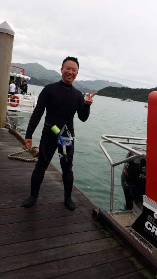 Akaroa chet wah swiming with dolphins